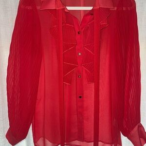 Zara Vibrant Red Sheer Ruffled Blouse
